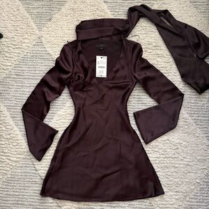 Zara Long Sleeve Satin Dress in Rich Brown